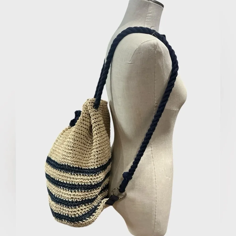 Cynthia Rowley Straw Drawstring Backpack Cream Navy Woven Boho Bag